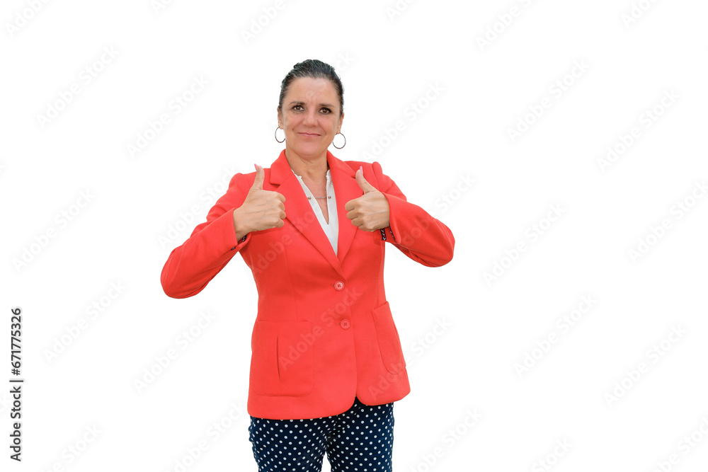 Woman standing with thumbs up in victory sign on transparent background, wearing an elegant red jacket. Woman standing with thumbs up in victory sign on transparent background, wearing an elegant red jacket.