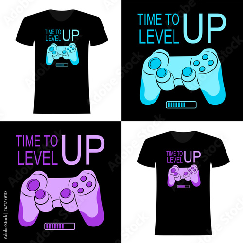 Illustration for kid with gamepad and quote Time to level up.Cute t-shirt design. Fashion print design on t-shirts and other clothes.