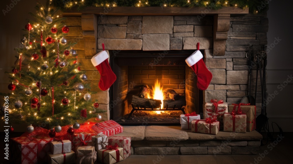 Christmas Glowing fireplace hearth tree. red stocking Christmas Glowing fireplace hearth tree. red stocking