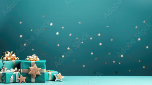 Many gift boxes tied ribbons and paper decorations on turquoise background. Christmas background.