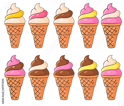A set of ice cream in a waffle in various flavors