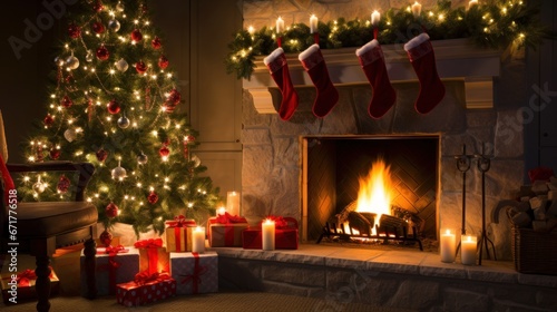 Christmas Glowing fireplace hearth tree. red stocking