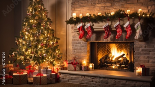 Christmas Glowing fireplace hearth tree. red stocking © OGUZHAN STOCK