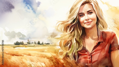 Smiling Teen White Woman with Blond Straight Hair Watercolor Illustration. Portrait of a Farmer on rural area background. Creative Drawing. Ai Generated Horizontal Illustration.