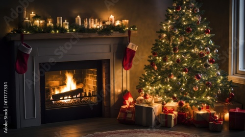 Decorated Christmas Tree Near Fireplace at Home