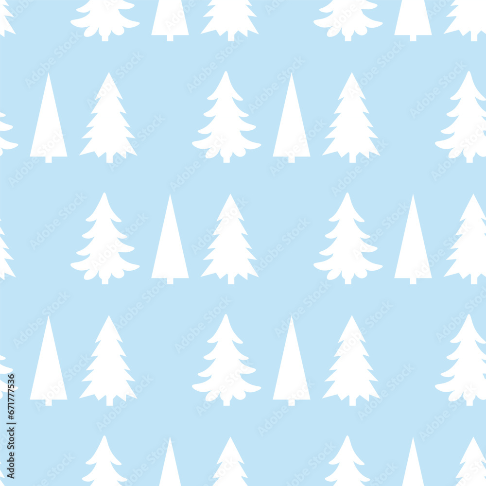 New Year seamless pattern of white fir trees on a blue background