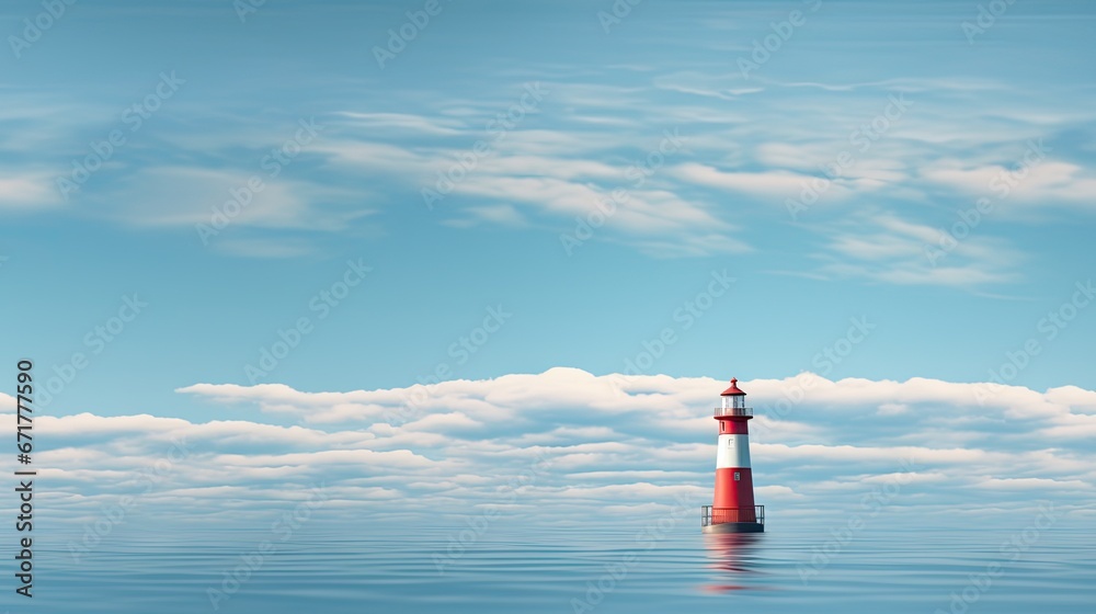  a red and white lighthouse in the middle of a body of water under a cloudy blue sky with white clouds.  generative ai