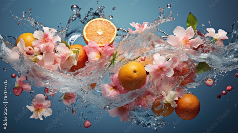  a splash of water with oranges, flowers, and water splashing out of the top of the image.  generative ai