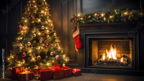 Decorated Christmas Tree Near Fireplace at Home