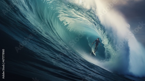 Professional surfer athlete in action on huge waves, AI generated image © orendesain99