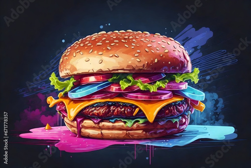Watercolor classic Hamburger with flying Cheeseburger with Lettuce Cucumber Tomato Onion Cheese Beef and Sauce illustration. Generative AI 