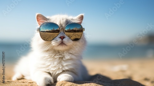 Portrait of fashion Cat wearing sunglasses in summer beach. AI generated image