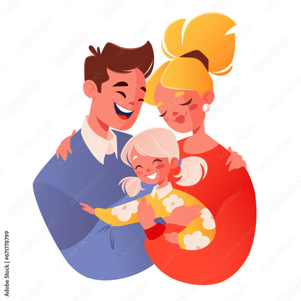 Mom, dad and daughter hugging each other. Composition centered on child, concept of happy and healthy family relationships. Love between siblings, happy childhood in a complete loving family. Mom, dad and daughter hugging each other. Composition centered on child, concept of happy and healthy family relationships. Love between siblings, happy childhood in a complete loving family.