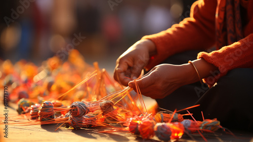 A close-up of someone's hands skillfully maneuvering a kite spool during the festivities of Makar Sankranti photo
