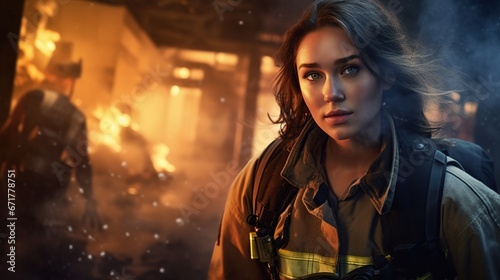 Female firefighter portrait wearing full equipment rescue with flames background. AI generated