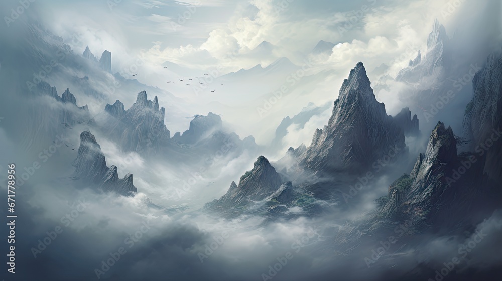  a painting of a mountain landscape with a bird flying over the top of the mountain and clouds in the foreground.  generative ai