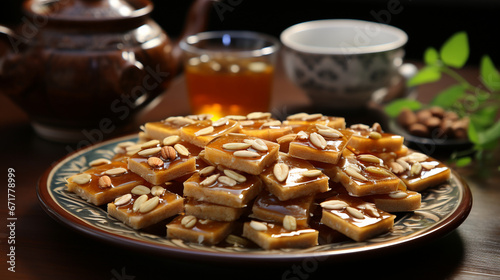 The traditional tilgul sweets exchanged during Makar Sankranti, with sesame seeds and jaggery beautifully presented photo