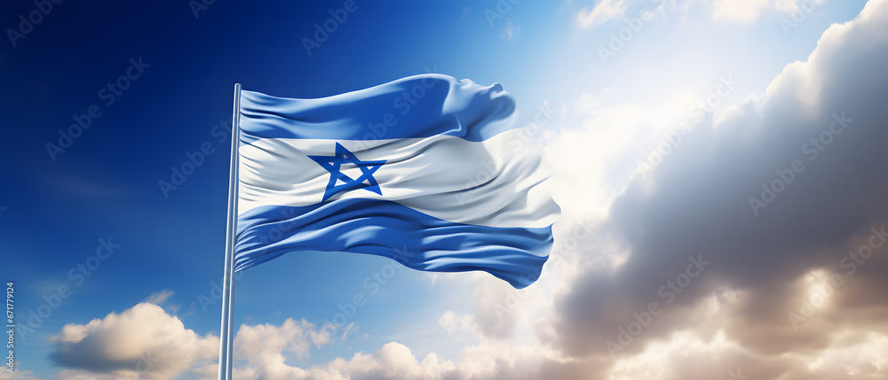 Israel flag blowing in the wind banner with a star of David over cloudy ...