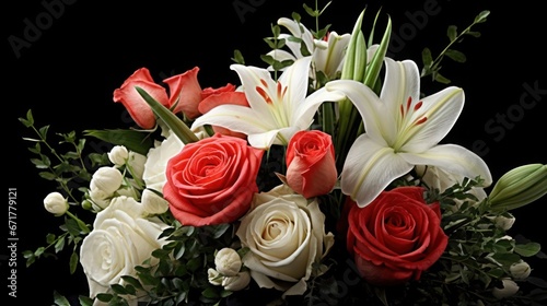 Bouquet with red roses, white lilies and a dark background: natural splendor in full bloom. photo