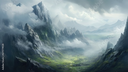  a painting of a mountain landscape with a river in the foreground and clouds in the sky in the background.  generative ai