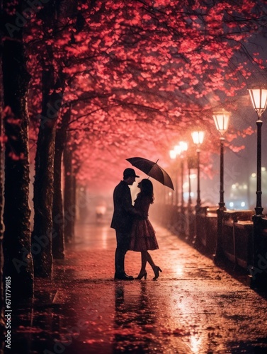 Evening meeting of a couple against an illuminated background with pink lights.