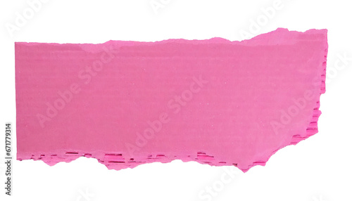 pink torn blank note paper strip, top view from above on white or transparent background
