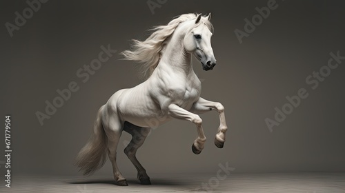  a white horse standing on its hind legs with its front legs spread out and it's front legs spread out. generative ai
