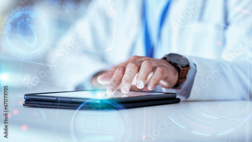 Scientist hand, tablet and hologram in laboratory with typing, chart data and 3d overlay for pharma development. Pharmaceutical person, digital touchscreen and press on holographic dashboard for info photo