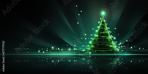 Neon Christmas tree with green lights on dark background