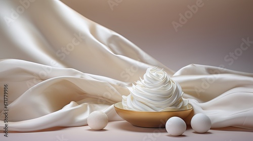  a bowl of whipped cream sitting on top of a table next to three eggs on top of a table cloth.  generative ai