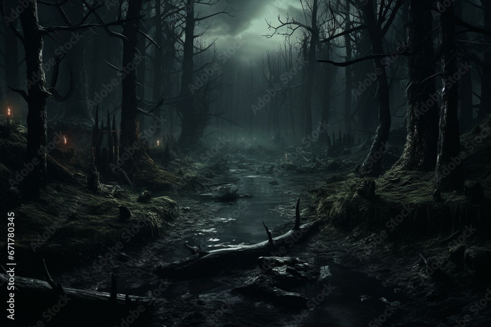 Dark and unsettling forest scene with a mysterious and melancholic ambiance. Generative AI