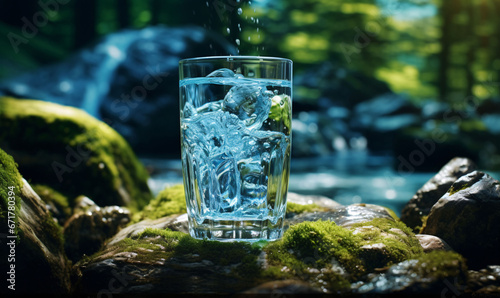 Pure, healthy spring water flows into the glass. Healthcare and beauty hydration concept. digital Ai photo