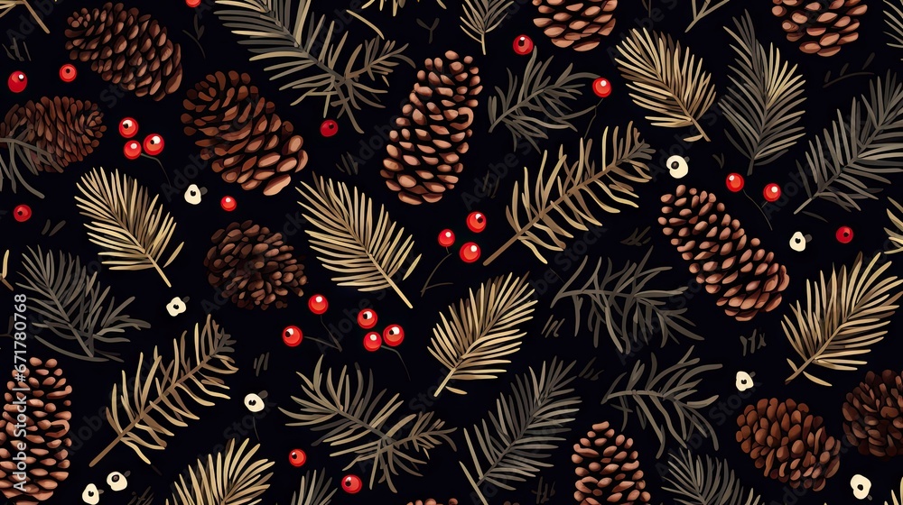 Naklejka premium a pattern of pine cones, berries, and leaves on a black background with a red berry on the left side of the image. generative ai