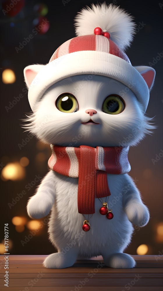 Adorable Kitten Dressed in Christmas Outfit Against Snowy Background Adorable Kitten Dressed in Christmas Outfit Against Snowy Background