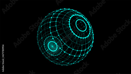 Abstract blue sphere with connecting dots and lines. Wireframe technology sphere. Big data visualization. Vector illustration.