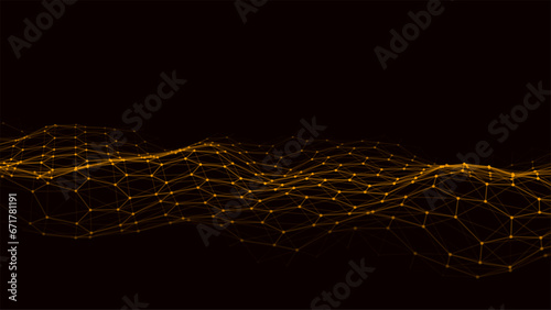 Gold hexagon wave of particles and lines. Big data visualization. Abstract background with a dynamic wave. Vector illustration.