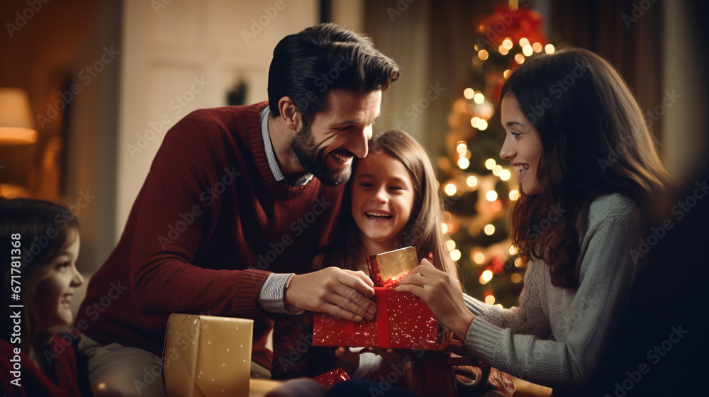 family celebrates christmas and exchanges gifts.Dad and children give presents to each other the room with garlands. Christmas and New Year celebration concept. family celebrates christmas and exchanges gifts.Dad and children give presents to each other the room with garlands. Christmas and New Year celebration concept.