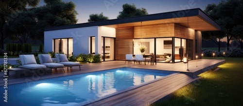 Realistic 3D visualization of a modern house with a pool © Vusal