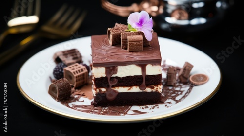 Delicious chocolate cake with topping and nice serving