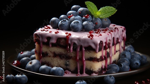 Delicious blueberries cake with topping and nice serving