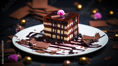 Delicious chocolate cake with topping and nice serving
