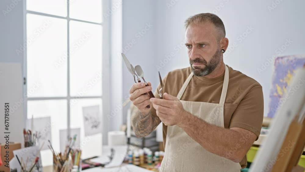 Handsome young man immersed in his art, choosing the perfect spatula in the heart of an attractive, indoor studio filled with color and creativity. Handsome young man immersed in his art, choosing the perfect spatula in the heart of an attractive, indoor studio filled with color and creativity.