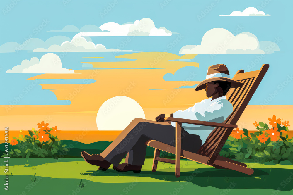 Farmer relaxing in rocking chair watching prosperous farm at dusk