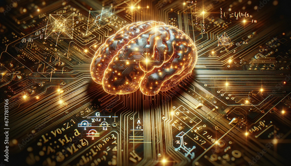 Close-up perspective of an electronic brain circuit with a golden hue and holographic mathematical symbols