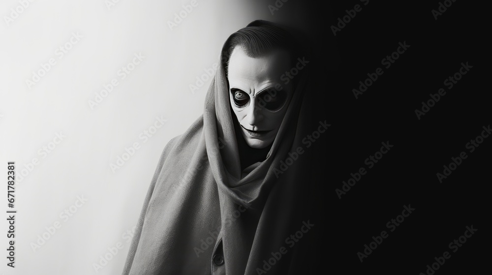 A creepy creature in shades of gray. Scary horror concept. A creepy creature in shades of gray. Scary horror concept.