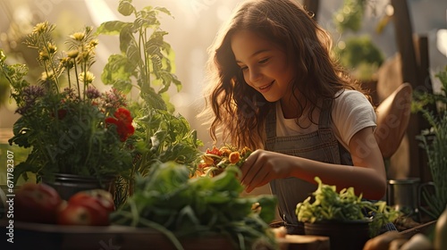soft  warm lighting emphasizing the beauty of the young woman and fresh vegetables.