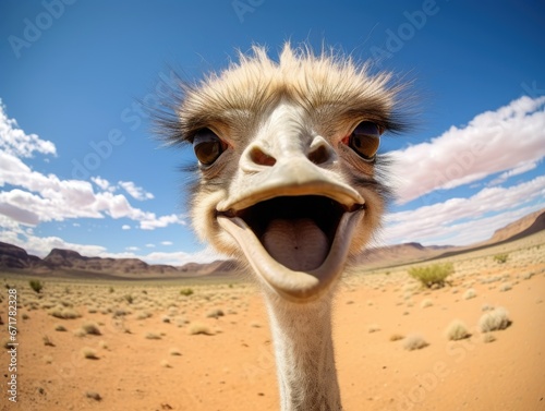 A close-up of an ostrich's muzzle looking into the camera. A bird in a natural environment. Natural background. Illustration for cover, postcard, interior design, banner, brochure, etc.