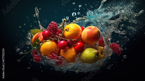 Fresh apples, oranges, cherries, raspberries in a splash of water. Natural background. Food ecology and agriculture. Illustration for cover, card, interior design, poster, brochure or presentation.