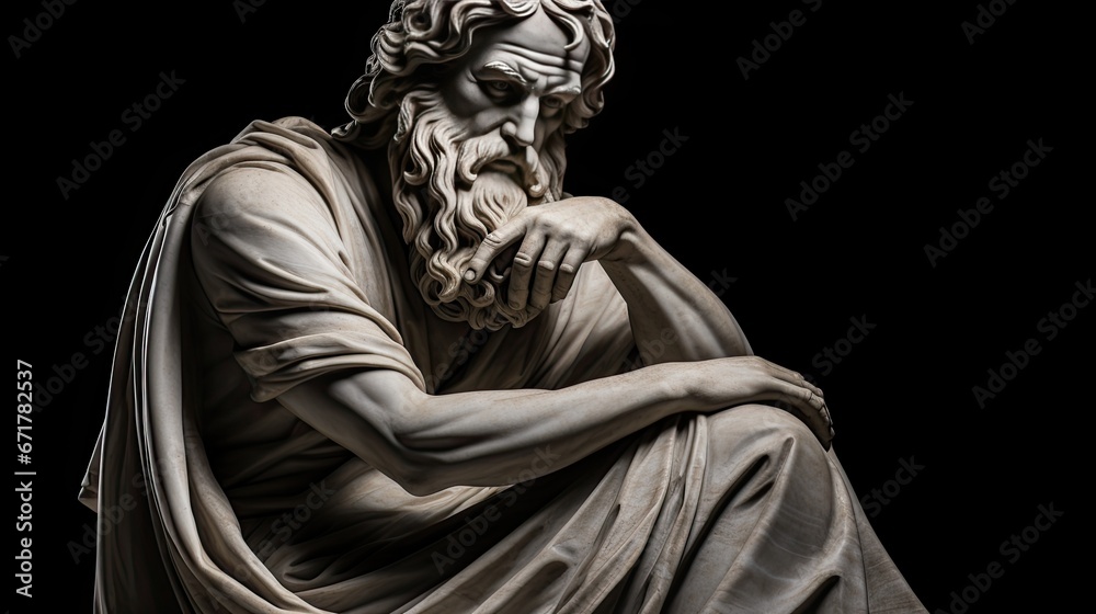 Statue of a thoughtful thinker on a black background. Sculpture of ancient man. Digital art. Illustration for cover, card, postcard, interior design, banner, poster, brochure or presentation. Statue of a thoughtful thinker on a black background. Sculpture of ancient man. Digital art. Illustration for cover, card, postcard, interior design, banner, poster, brochure or presentation.