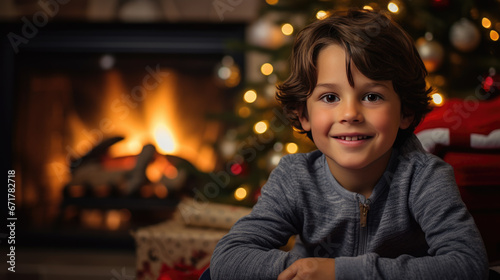Portrait of a little boy smiling in front of a decorated Christmas tree at home © MP Studio